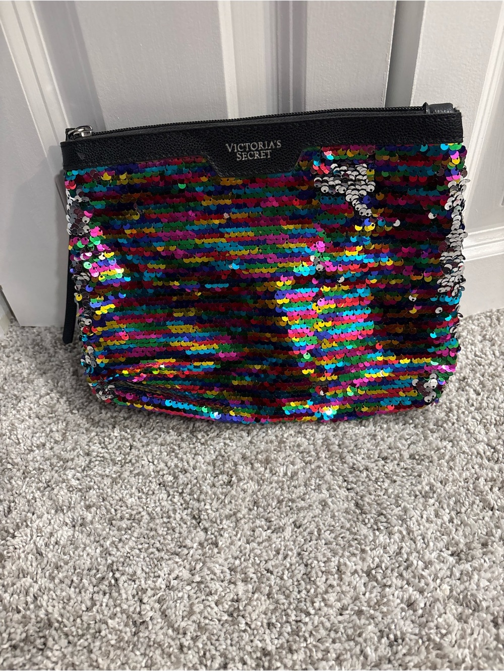 Victorias Secret Rainbow Sequin Pouch Makeup Bag Wristlet Clutch Black Faux Leat